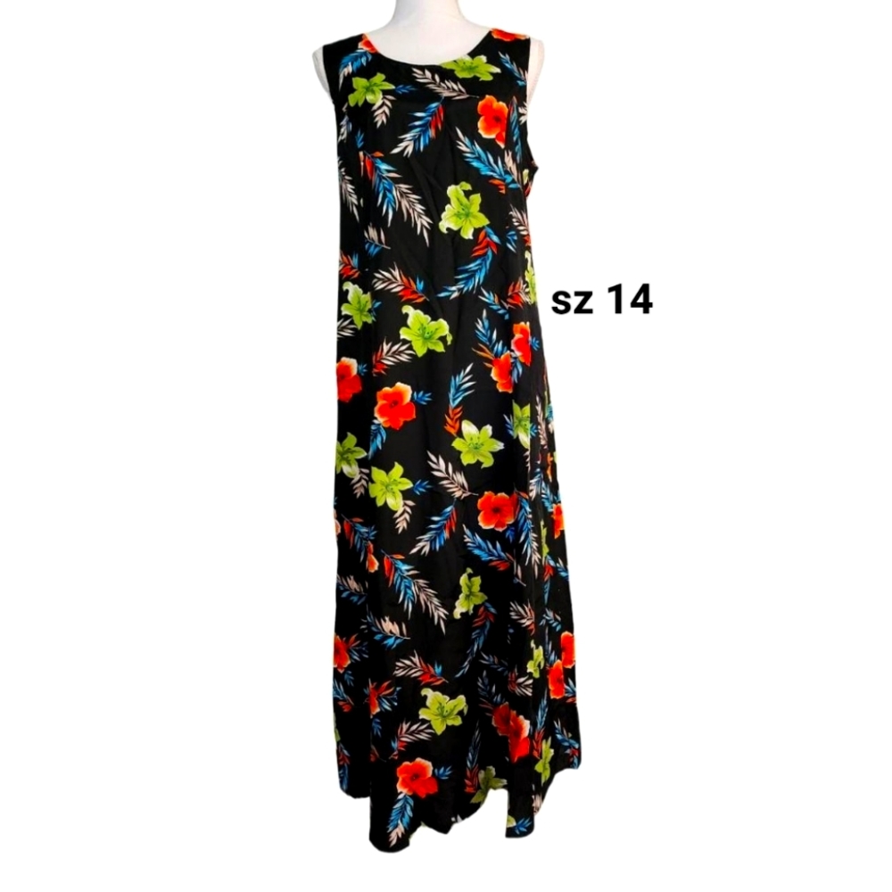 NEW! Deadstock 90s sz 14 Black Maxi Tropical Vacation Corset Back Dress Sundress